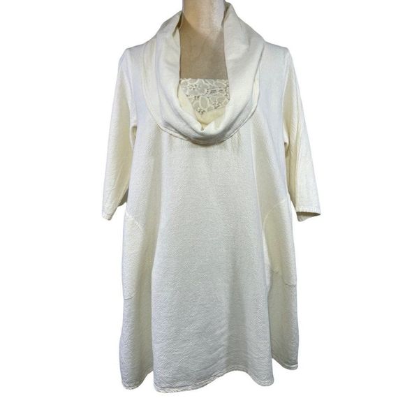 Drawstrings of Malibu Ivory 100% Cotton Cowl Neck Blouse with Lace Insert - Picture 1 of 5